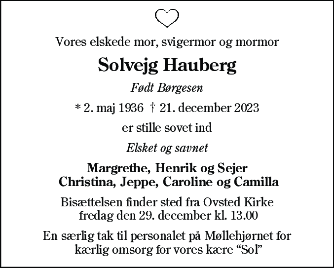 Dødsannonce for Solvejg Hauberg