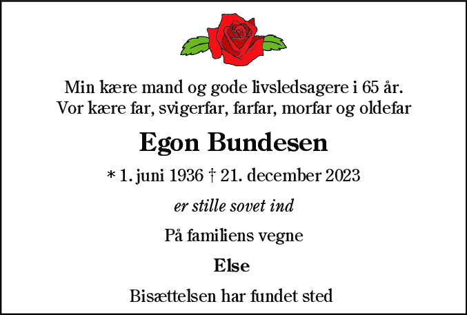 Dødsannonce for Egon Bundesen