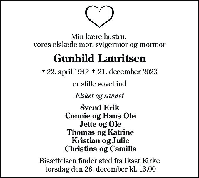Dødsannonce for Gunhild Lauritsen