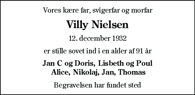 Dødsannonce for Villy Nielsen