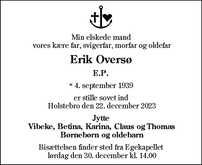Dødsannonce for Erik Oversø