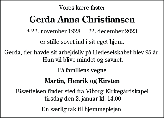 Dødsannonce for Gerda Anna Christiansen