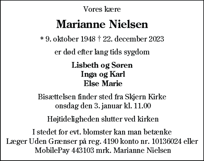 Dødsannonce for Marianne Nielsen