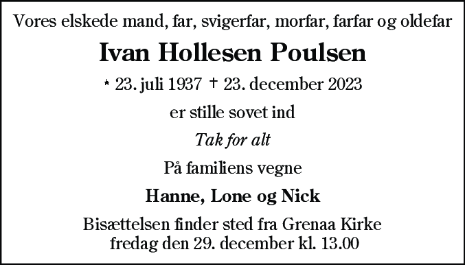 Dødsannonce for Ivan Hollesen Poulsen