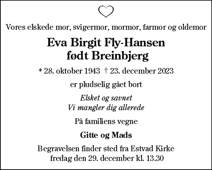 Dødsannonce for Eva Birgit Fly-Hansen