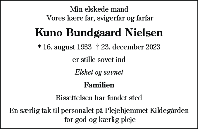 Dødsannonce for Kuno Bundgaard Nielsen