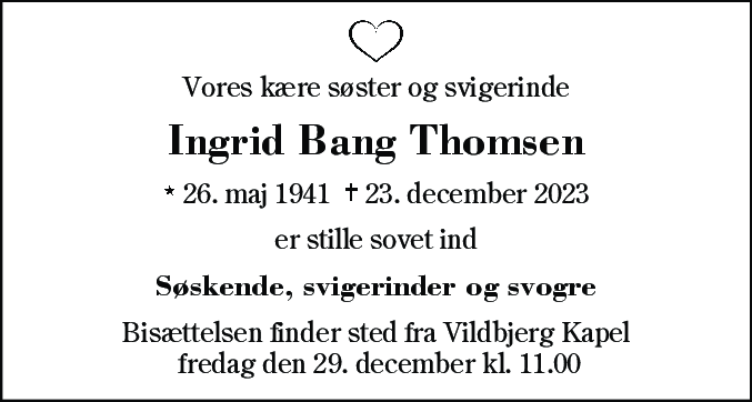 Dødsannonce for Ingrid Bang Thomsen