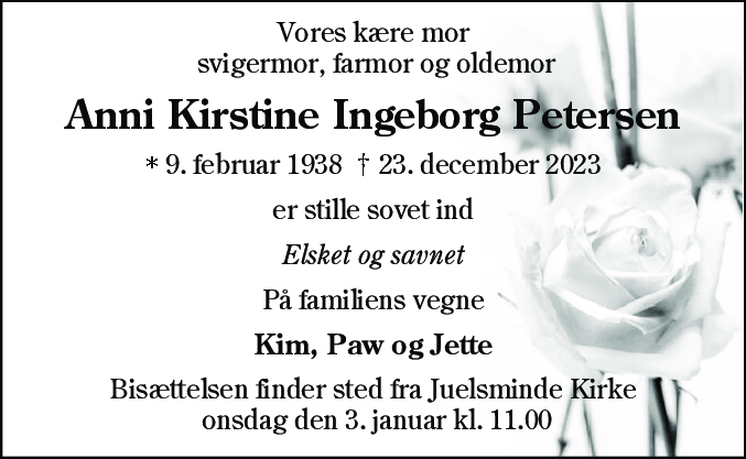 Dødsannonce for Anni Kirstine Ingeborg Petersen