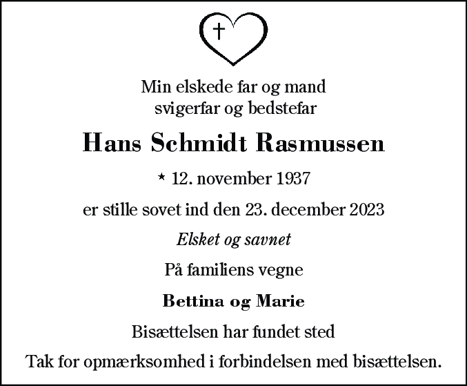 Dødsannonce for Hans Schmidt Rasmussen