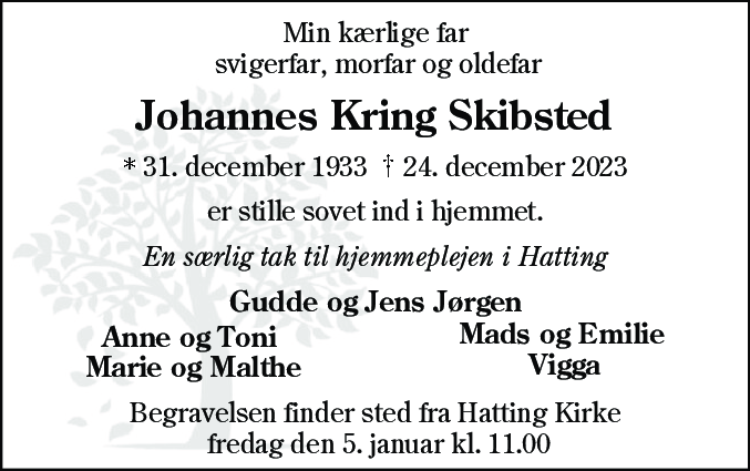 Dødsannonce for Johannes Kring Skibsted