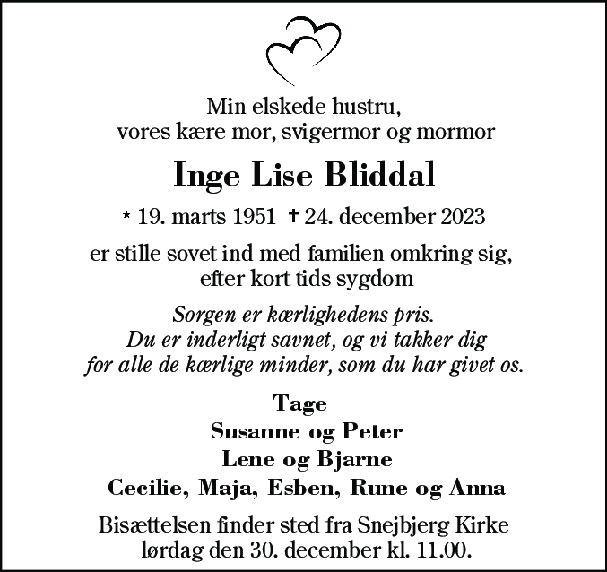 Dødsannonce for Inge Lise Bliddal