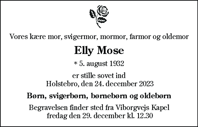 Dødsannonce for Elly Mose