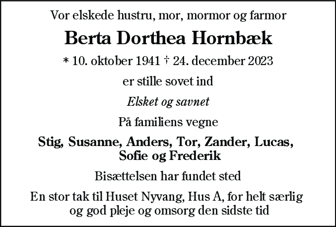 Dødsannonce for Berta Dorthea Hornbæk