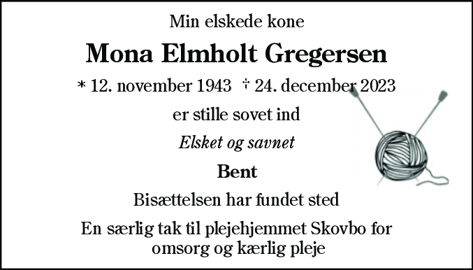 Dødsannonce for Mona Elmholt Gregersen