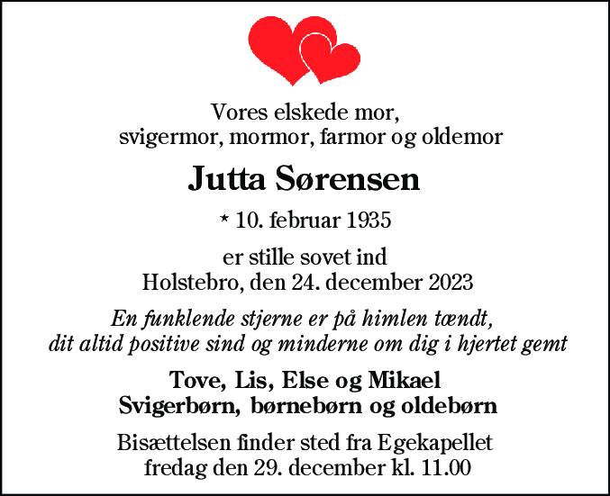 Dødsannonce for Jutta Sørensen