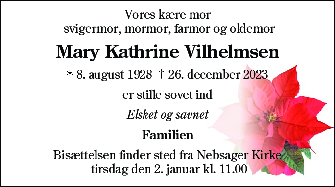Dødsannonce for Mary Kathrine Wilhelmsen