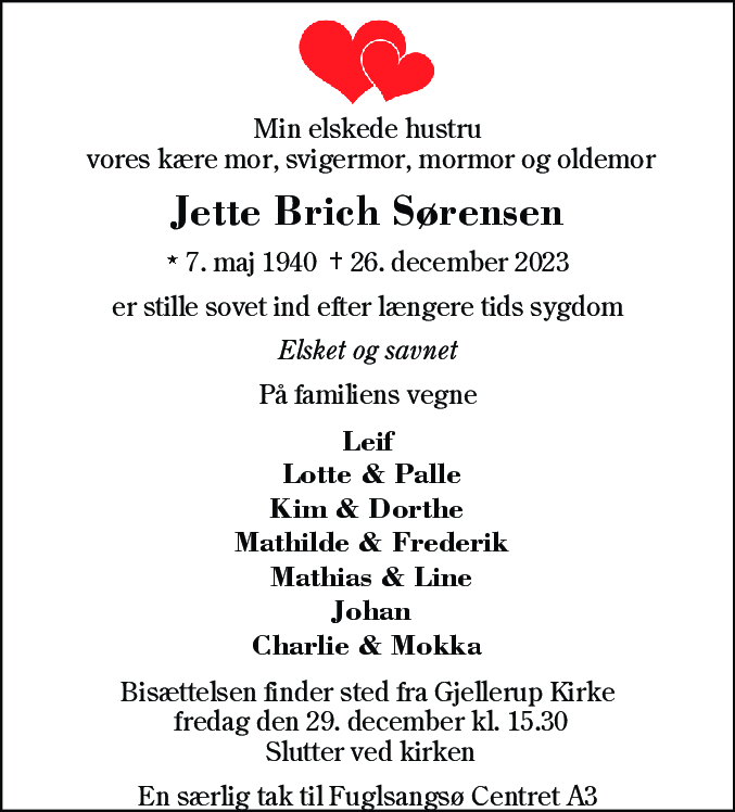 Dødsannonce for Jette Brich Sørensen