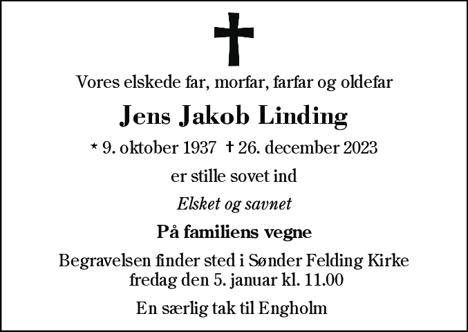 Dødsannonce for Jens Jacob Linding