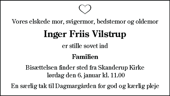 Dødsannonce for Inger Friis Vilstrup