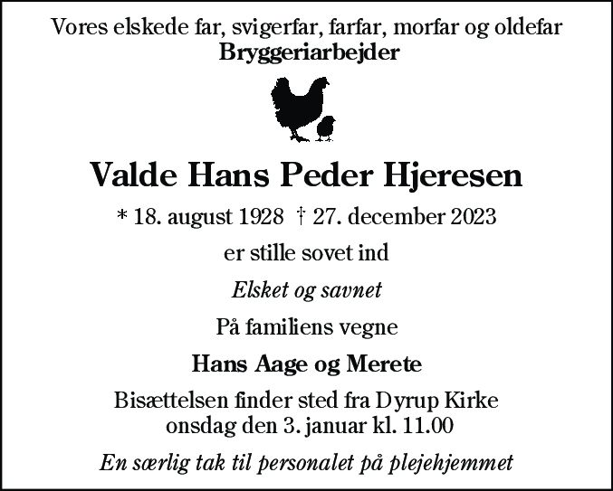 Dødsannonce for Valde Hans Peder Hjeresen