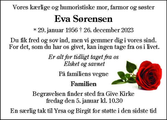 Dødsannonce for Eva Sørensen
