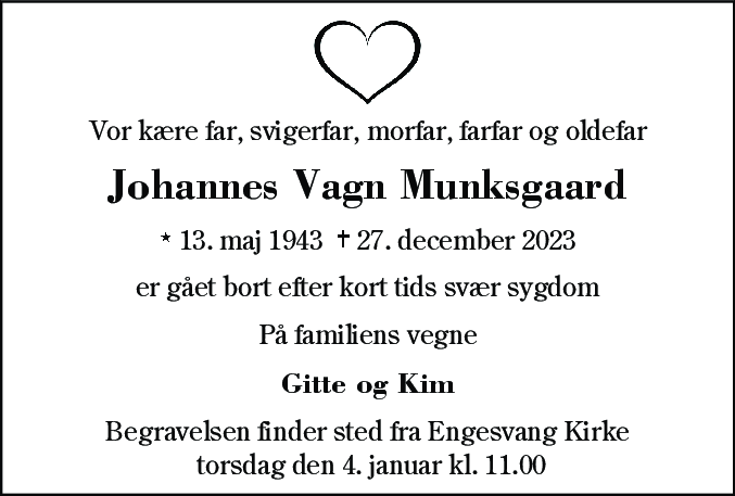 Dødsannonce for Johannes Vagn Munksgaard