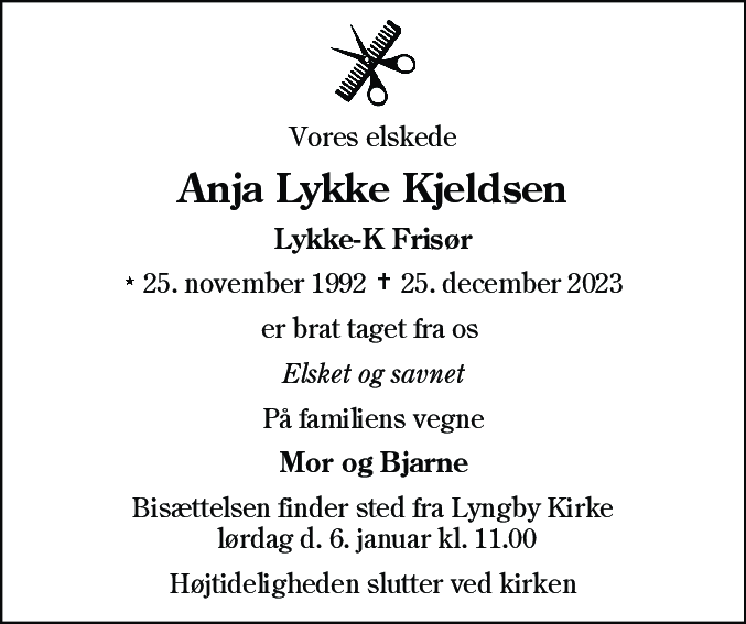 Dødsannonce for Anja Lykke Kjeldsen