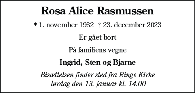 Dødsannonce for Rosa Alice Rasmussen
