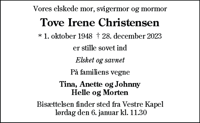 Dødsannonce for Tove Irene Christensen
