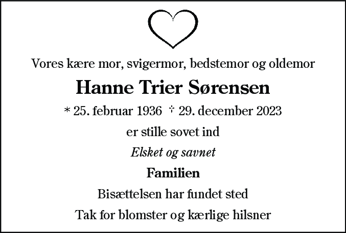Dødsannonce for Hanne Trier Sørensen