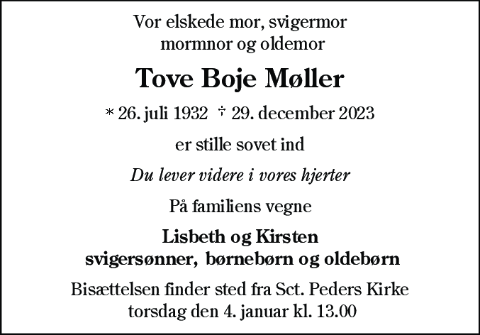 Dødsannonce for Tove Boje Møller