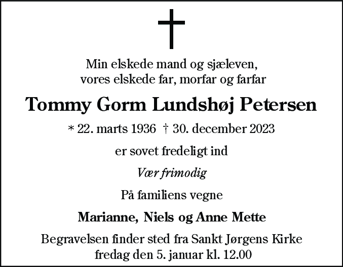 Dødsannonce for Tommy Gaarm Lundshøj Petersen