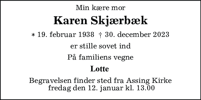 Dødsannonce for Karen Skjærbæk