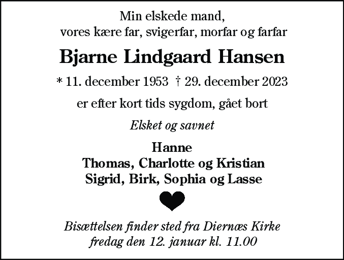 Dødsannonce for Bjarne Lindgaard Hansen
