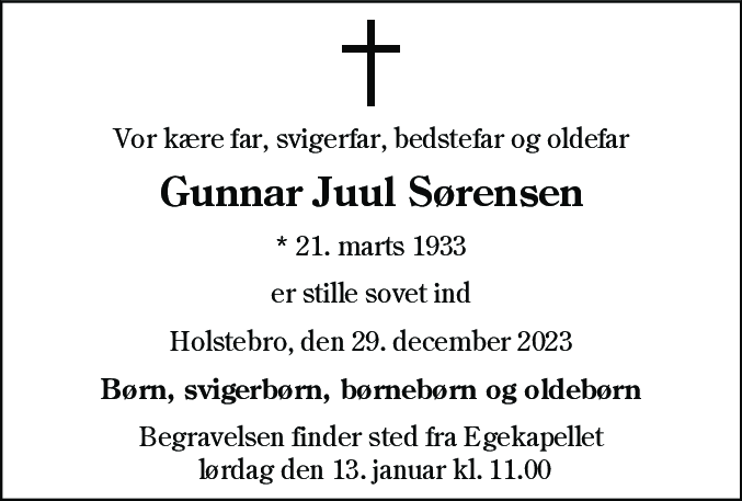 Dødsannonce for Gunnar Juul Sørensen