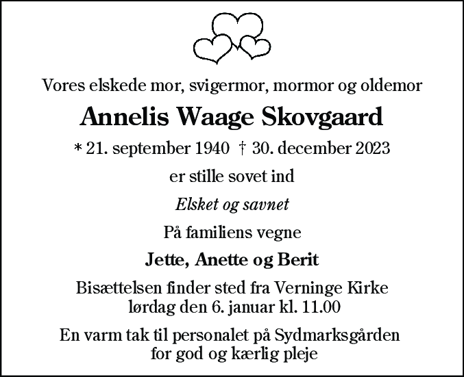 Dødsannonce for Annelis Waage Skovgaard