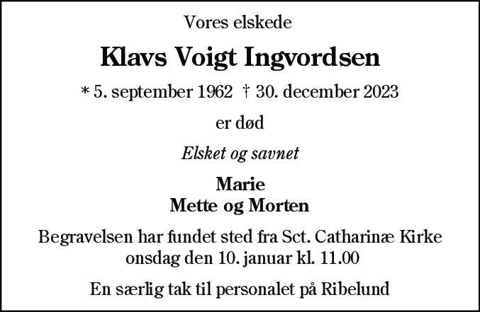 Dødsannonce for Klavs Voigt Ingvordsen
