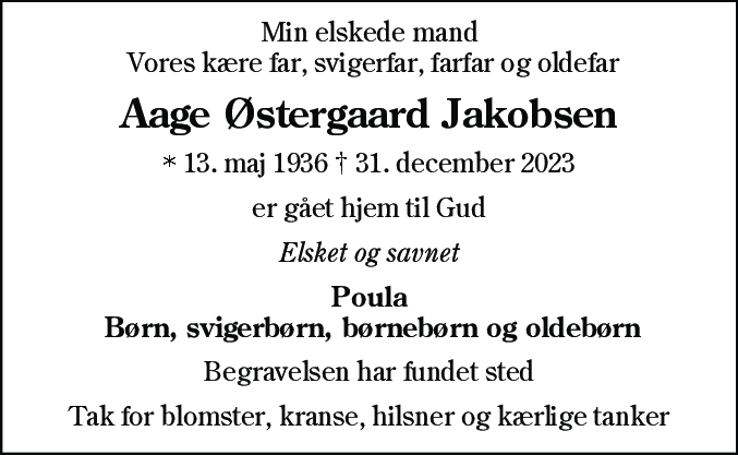 Dødsannonce for Aage Østergaard Jakobsen
