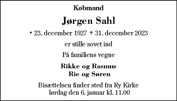 Dødsannonce for Jørgen Rasmussen Sahl