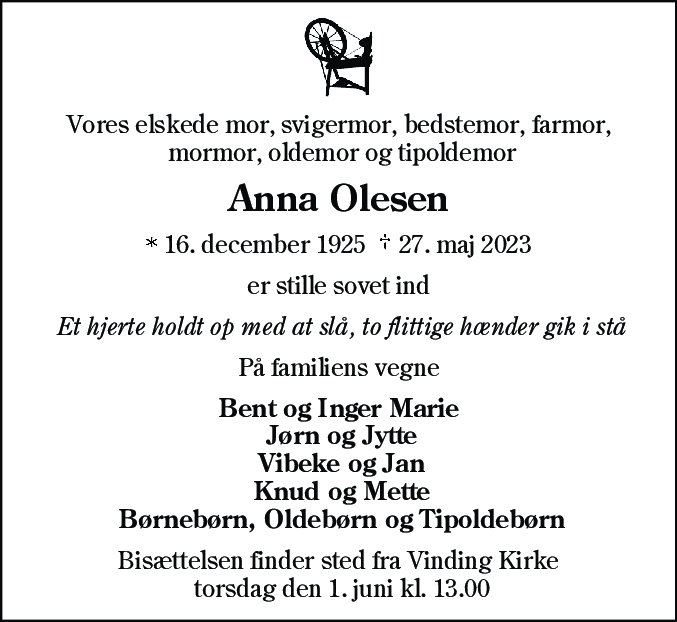 Dødsannonce for Anna Olesen