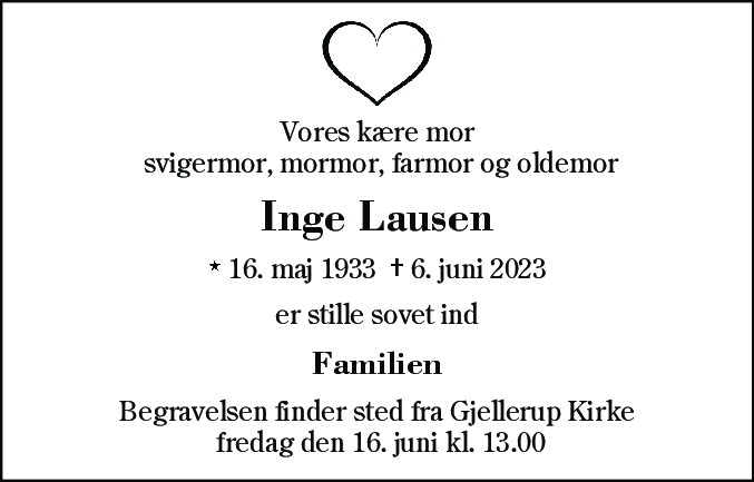 Dødsannonce for Inge Lausen