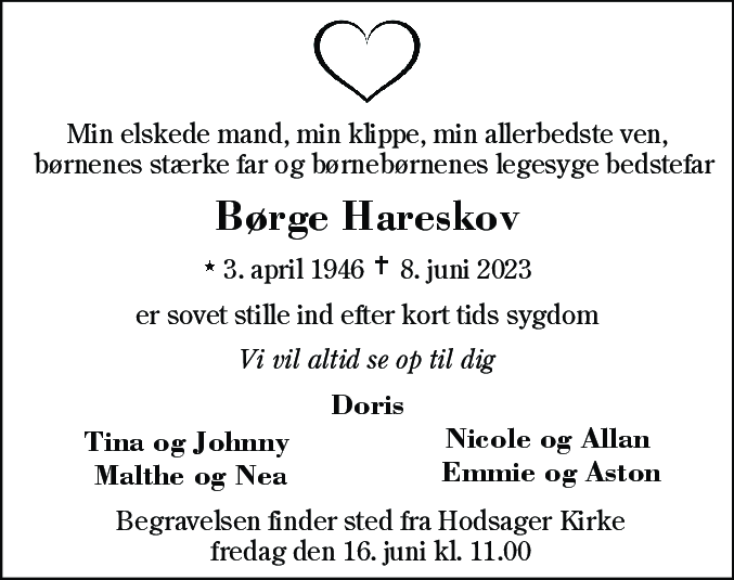 Dødsannonce for Børge Hareskov
