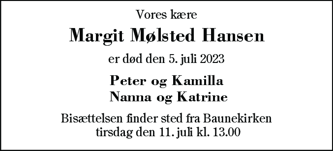 Dødsannonce for Margit Mølsted Hansen