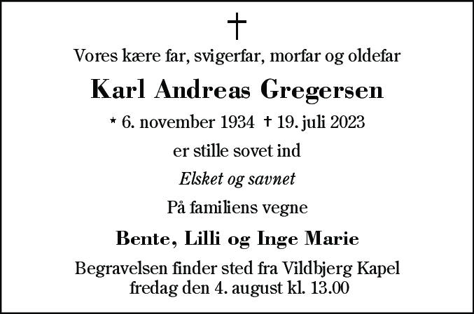 Dødsannonce for Karl Andreas Gregersen