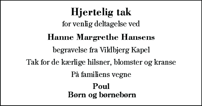 Dødsannonce for Hanne Margrethe Hansen