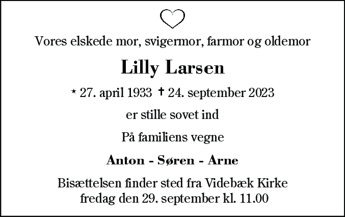 Dødsannonce for Lilly Larsen