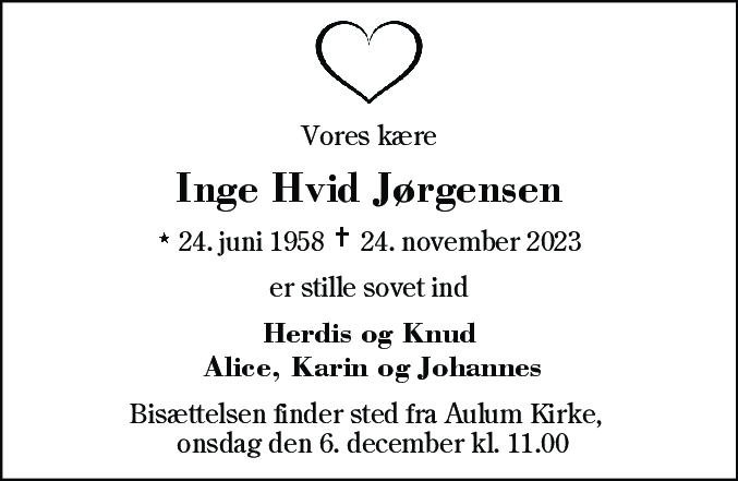 Dødsannonce for Inge Hvid Jørgensen