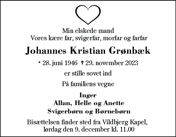 Dødsannonce for Johannes Kristian Grønbæk
