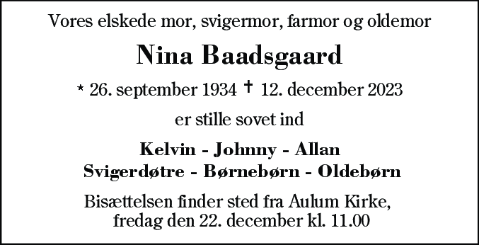 Dødsannonce for Nina Baadsgaard