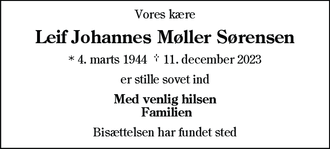 Dødsannonce for Leif Johannes Møller Sørensen